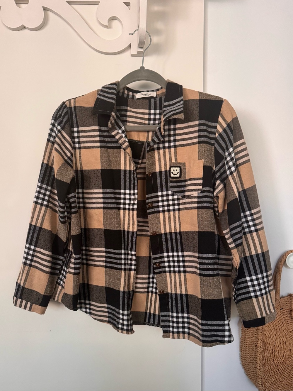 Plaid Button-Up Shirt with Smiley Patch